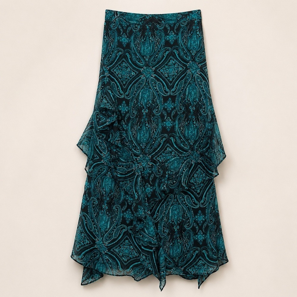 Vtg Y2K‎ Dark Floral Handkerchief Hem Skirt M Teal Black Sheer Fairy Grunge Goth